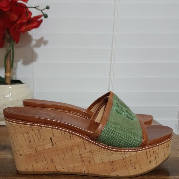 Coach Jaci Leather Brown Green Canvas 3 1/3" Wedge Heel Sandals Size 6B - Picture 1 of 9